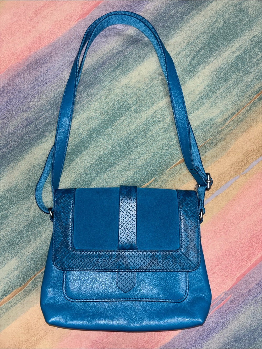 Fossil Kinley Pebbled Leather Crossbody Western Shoulder Bag Satchel blue